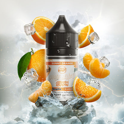 Flavour Beast Sunny Orange e-liquid bottle with a bright, sunny background and orange-inspired elements, representing its zesty essence.