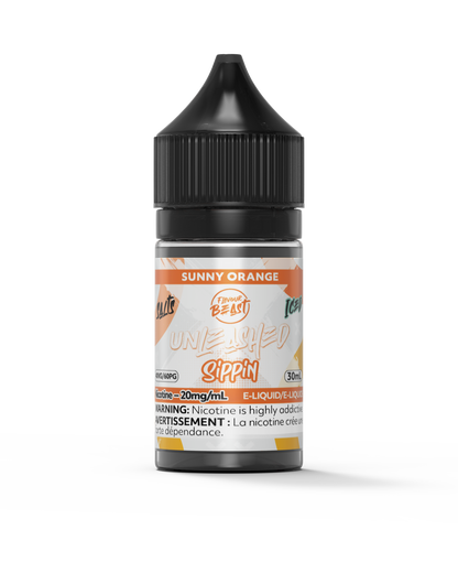 Flavour Beast Unleashed Sippin Sunny Orange e-liquid bottle in a close-up, highlighting its fresh and tangy orange flavor.