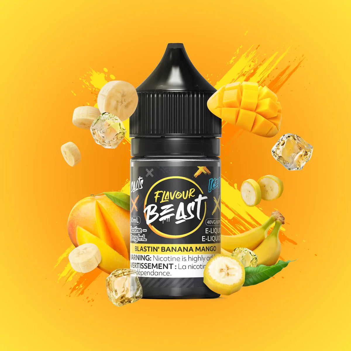 Flavour Beast Blastin' Banana Mango Iced 3mg 30mL displayed with vibrant banana and mango visuals, emphasizing its bold, icy tropical flavor.