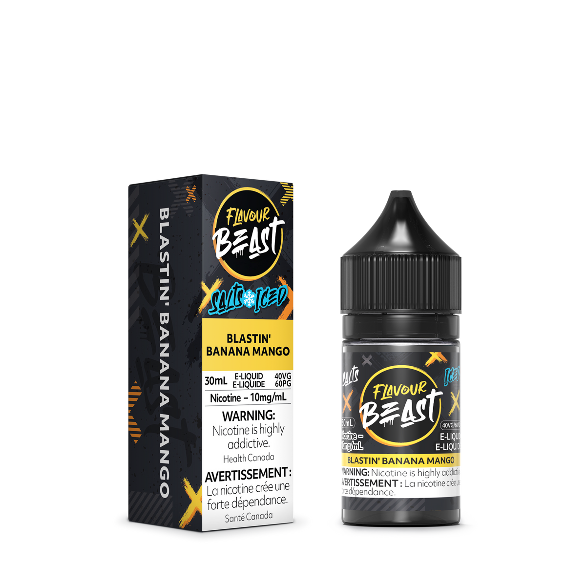 Flavour Beast Blastin' Banana Mango Iced E-Liquid with fresh bananas, mangoes, and ice cubes, highlighting its tropical, refreshing taste.