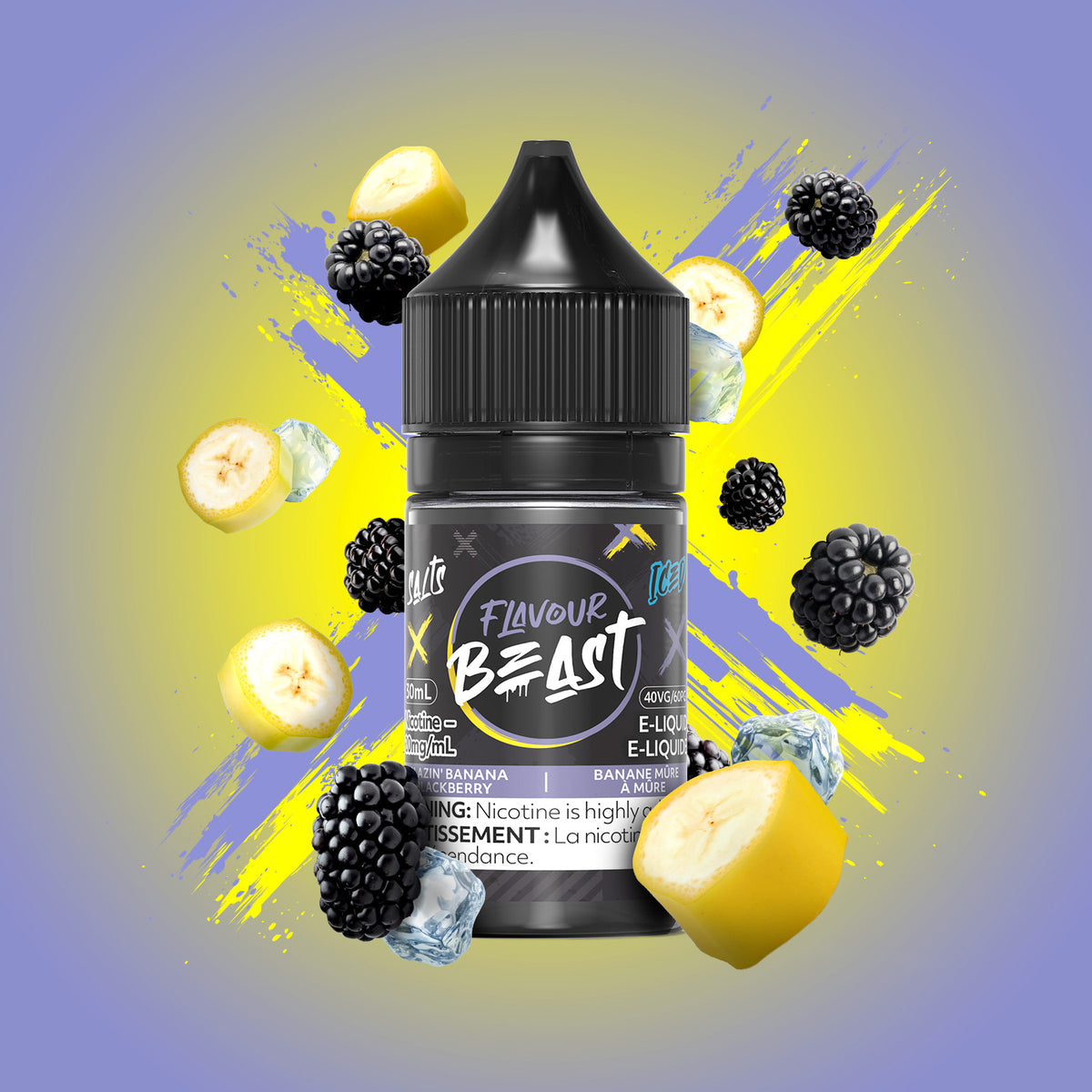 Flavour Beast Blazin' Banana Blackberry Iced 3mg 30mL displayed with vibrant banana and blackberry visuals, emphasizing its bold, icy flavor.