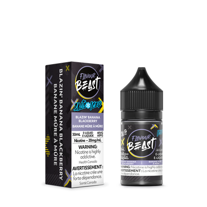 Flavour Beast Blazin' Banana Blackberry Iced E-Liquid with fresh bananas, blackberries, and ice cubes, highlighting its fruity, refreshing taste.