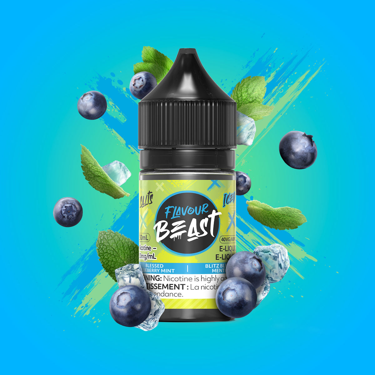 Flavour Beast Blessed Blueberry Mint Iced 3mg 30mL displayed with frosty mint and blueberries, emphasizing its refreshing flavor.