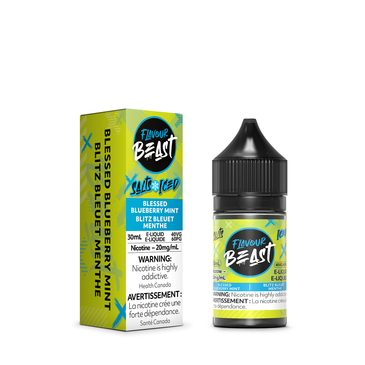 Flavour Beast Blessed Blueberry Mint Iced E-Liquid with fresh blueberries and mint leaves, highlighting its sweet and icy taste.