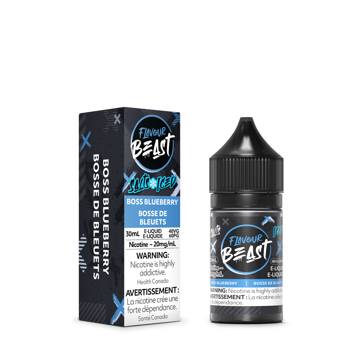 Flavour Beast Boss Blueberry Iced E-Liquid with fresh blueberries and ice cubes, highlighting its juicy, refreshing taste.