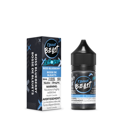 Flavour Beast Boss Blueberry Iced E-Liquid with fresh blueberries and ice cubes, highlighting its juicy, refreshing taste.