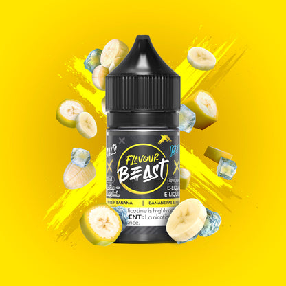 Flavour Beast Bussin Banana Iced 3mg 30mL displayed with frozen banana slices, emphasizing its creamy, refreshing banana flavor.