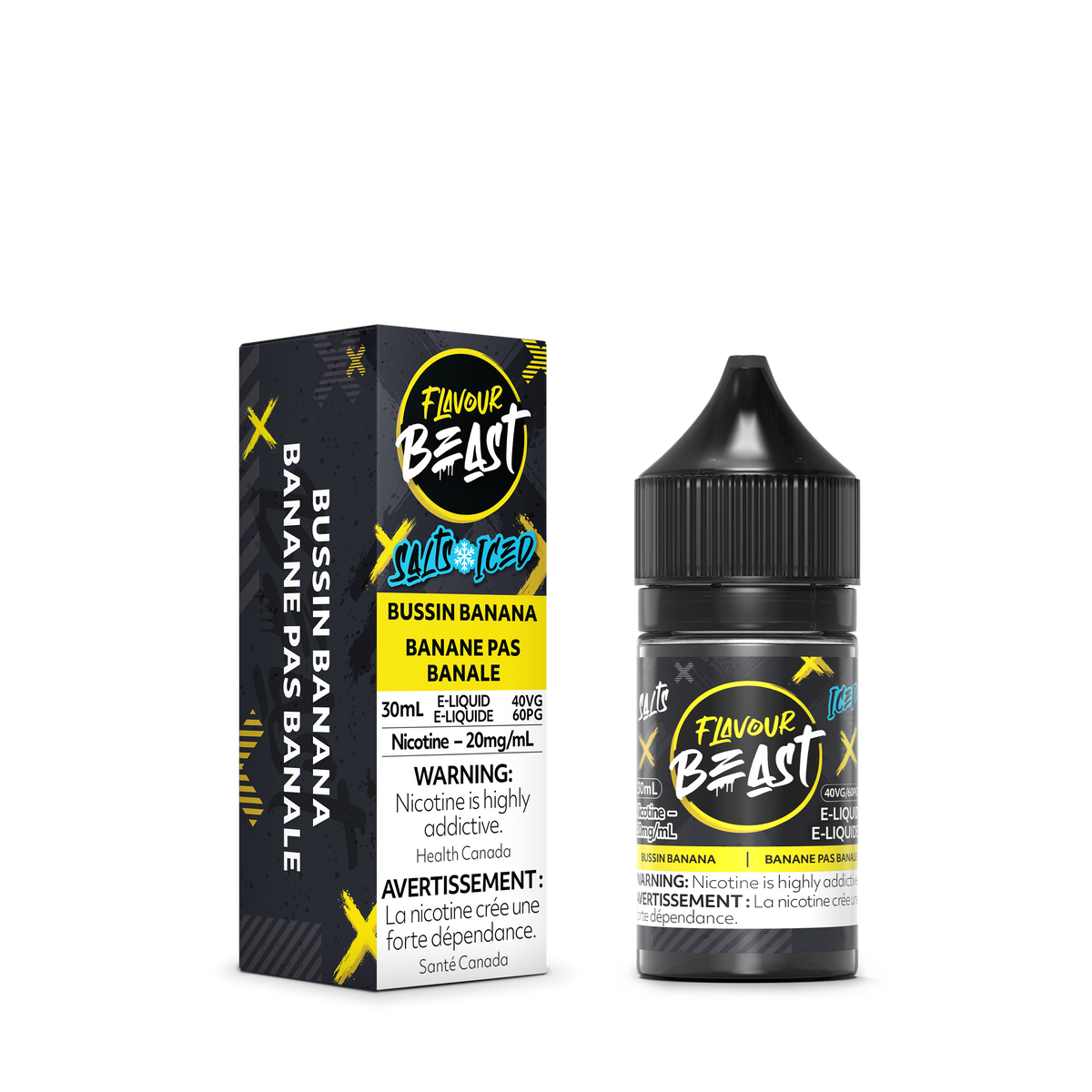 Flavour Beast Bussin Banana Iced E-Liquid with fresh bananas and ice cubes, highlighting its sweet, cool taste.