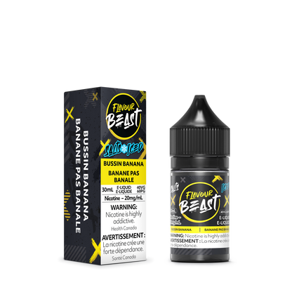 Flavour Beast Bussin Banana Iced E-Liquid with fresh bananas and ice cubes, highlighting its sweet, cool taste.