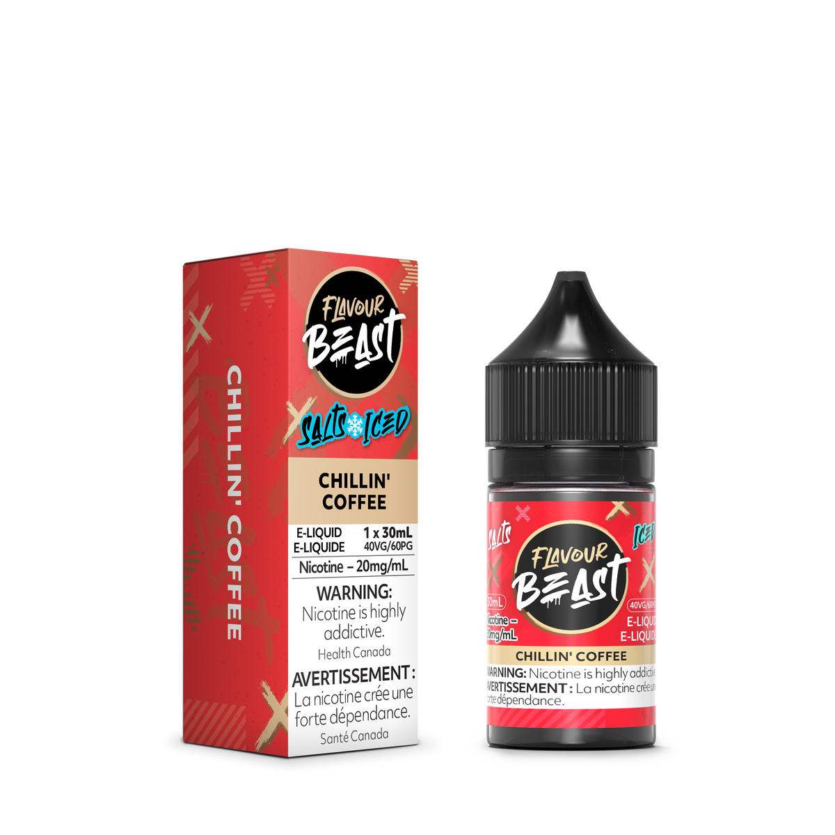 Flavour Beast Chillin' Coffee E-Liquid with iced coffee, coffee beans, and ice cubes, highlighting its bold, smooth taste.