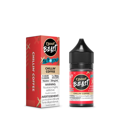 Flavour Beast Chillin' Coffee E-Liquid with iced coffee, coffee beans, and ice cubes, highlighting its bold, smooth taste.