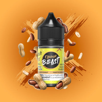 Flavour Beast Churned Peanut 3mg 30mL displayed with roasted peanuts in the background, emphasizing its smooth, nutty flavor.