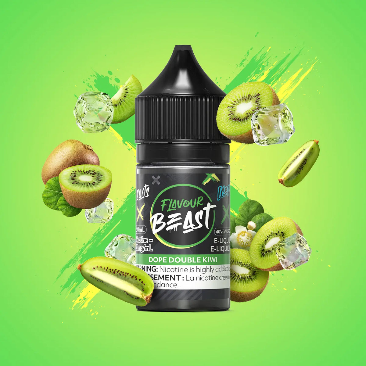 Flavour Beast Dope Double Kiwi Iced 3mg 30mL displayed against a vibrant, tropical background, emphasizing its bold, fruity flavor.