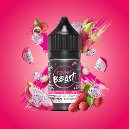 Flavour Beast Dreamy Dragonfruit Lychee Iced 3mg 30mL displayed against a tropical-themed background, emphasizing its exotic, cool flavor.