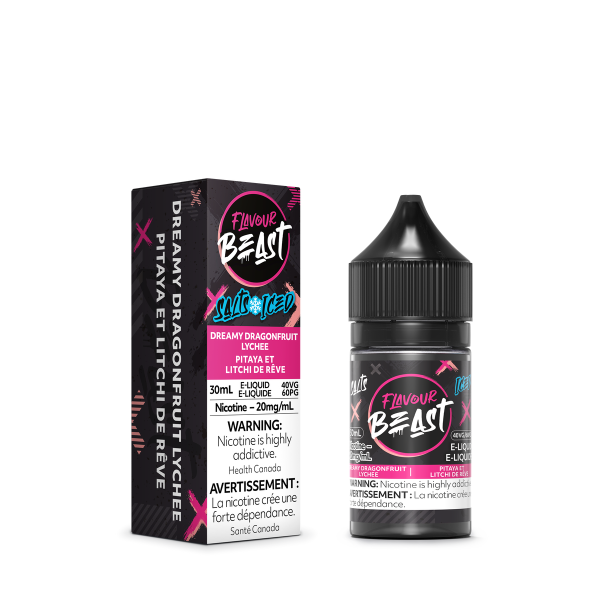 Flavour Beast Dreamy Dragonfruit Lychee Iced with fresh dragonfruit, lychee, and ice cubes, highlighting its tropical, refreshing taste.