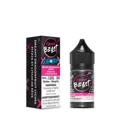 Flavour Beast Dreamy Dragonfruit Lychee Iced with fresh dragonfruit, lychee, and ice cubes, highlighting its tropical, refreshing taste.