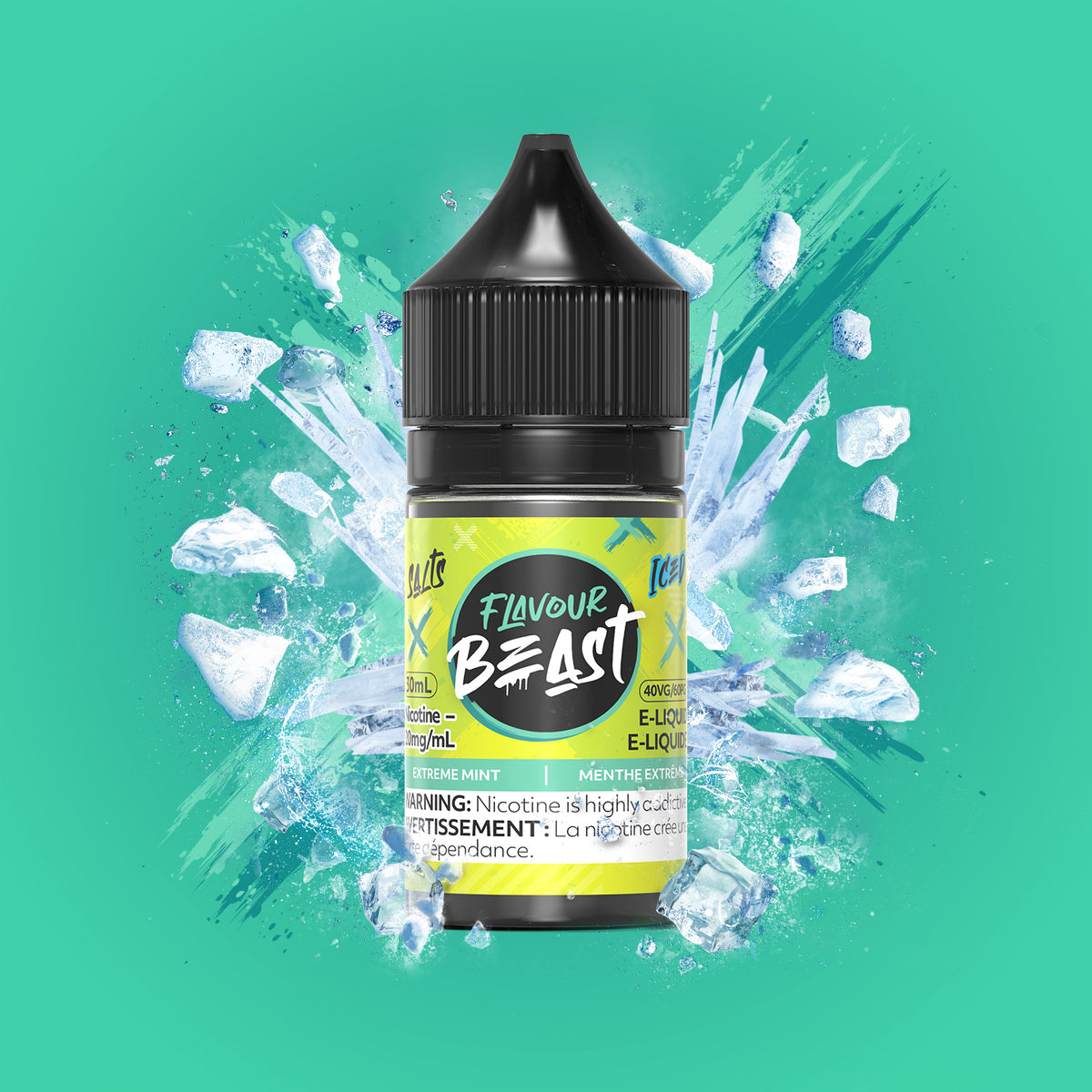 Flavour Beast Extreme Mint Iced 3mg 30mL displayed against an arctic-themed background, emphasizing its intense, icy flavor.