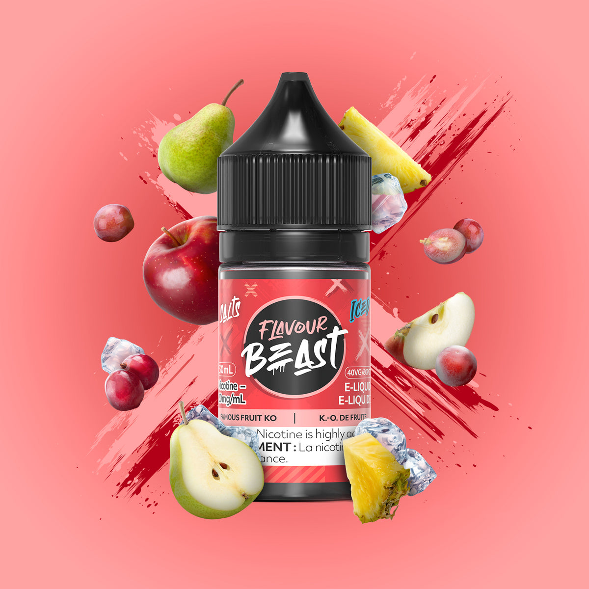 Flavour Beast Famous Fruit KO Iced 3mg 30mL displayed against a dynamic background with boxing gloves and vibrant fruits, emphasizing its knockout flavor.