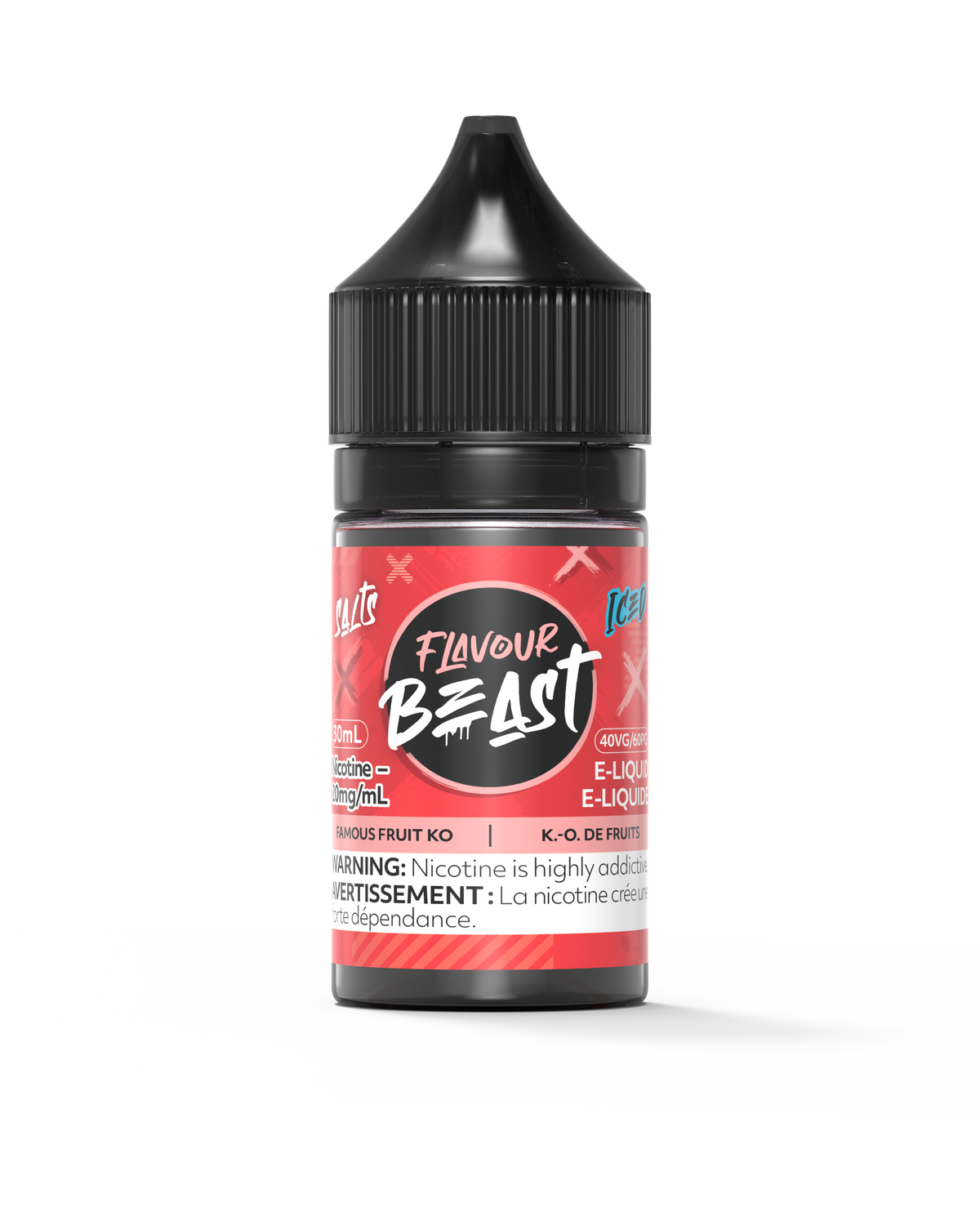 Flavour Beast E-Liquid - Famous Fruit KO Iced 3mg 30mL bottle, showcasing bold fruit flavors with an icy menthol twist.