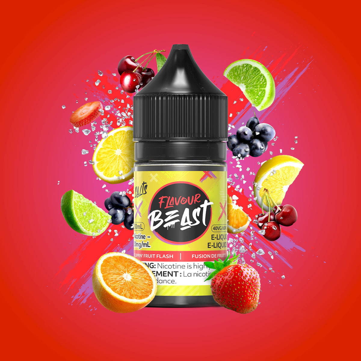 Flavour Beast Flippin' Fruit Flash 3mg 30mL displayed against a bright, rainbow-colored background, emphasizing its fruity, refreshing flavor.