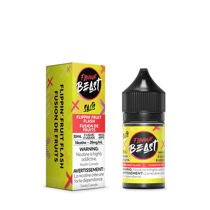 Flavour Beast Flippin' Fruit Flash with a colorful assortment of fresh fruits like berries, oranges, and pineapples, highlighting its bold, juicy taste.