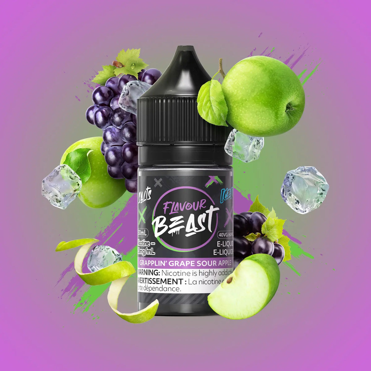 Flavour Beast Grapplin' Grape Sour Apple Iced 3mg 30mL displayed against a vibrant fruity background, emphasizing its refreshing, crisp flavor.