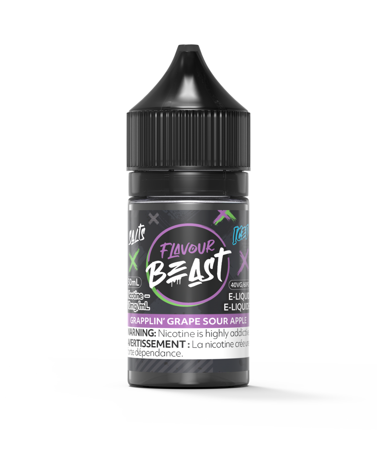 Flavour Beast E-Liquid - Grapplin' Grape Sour Apple Iced 3mg 30mL bottle, showcasing juicy grape and sour apple flavors with an icy twist.