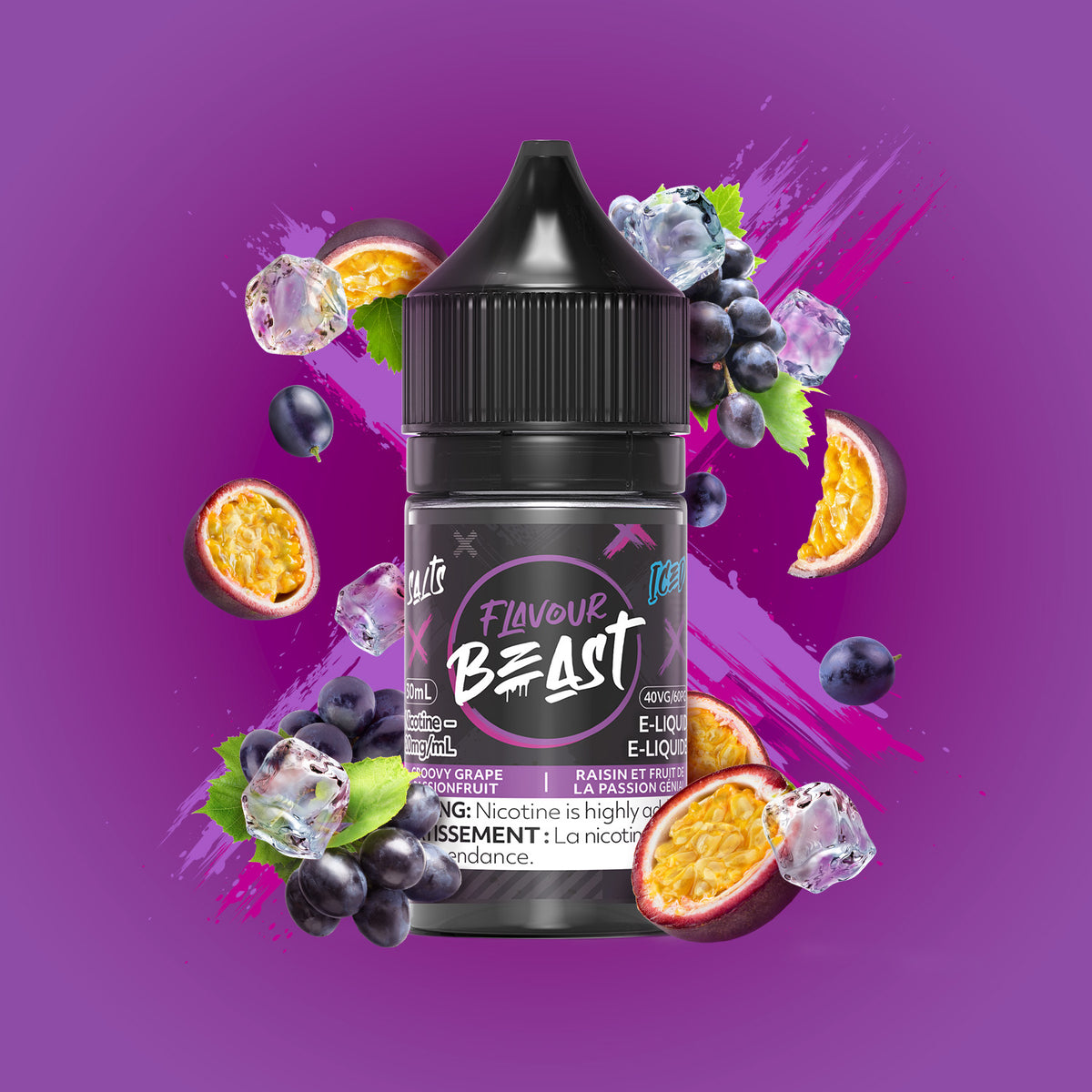 Flavour Beast Groovy Grape Passionfruit Iced 3mg 30mL displayed against a vibrant, fruity background, emphasizing its refreshing, exotic flavor.