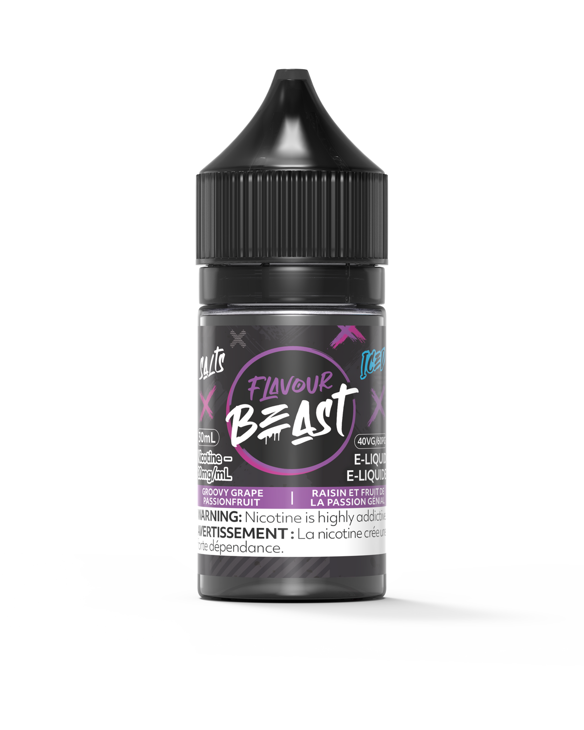 Flavour Beast E-Liquid - Groovy Grape Passionfruit Iced 3mg 30mL bottle, showcasing juicy grape and passionfruit flavors with an icy twist.