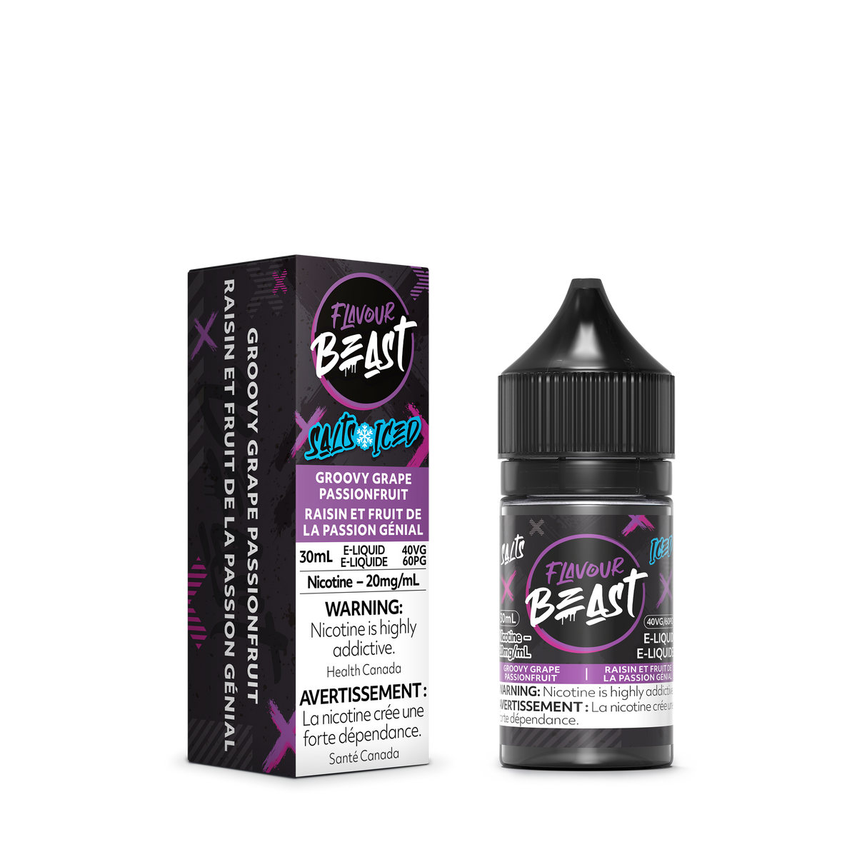 Flavour Beast Groovy Grape Passionfruit Iced with fresh grapes, passionfruit slices, and ice cubes, highlighting its bold, tropical taste.