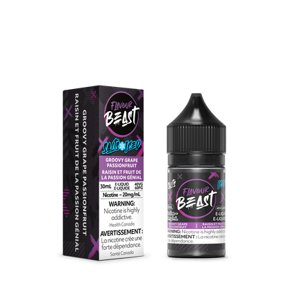 Flavour Beast Groovy Grape Passionfruit Iced with fresh grapes, passionfruit slices, and ice cubes, highlighting its bold, tropical taste.