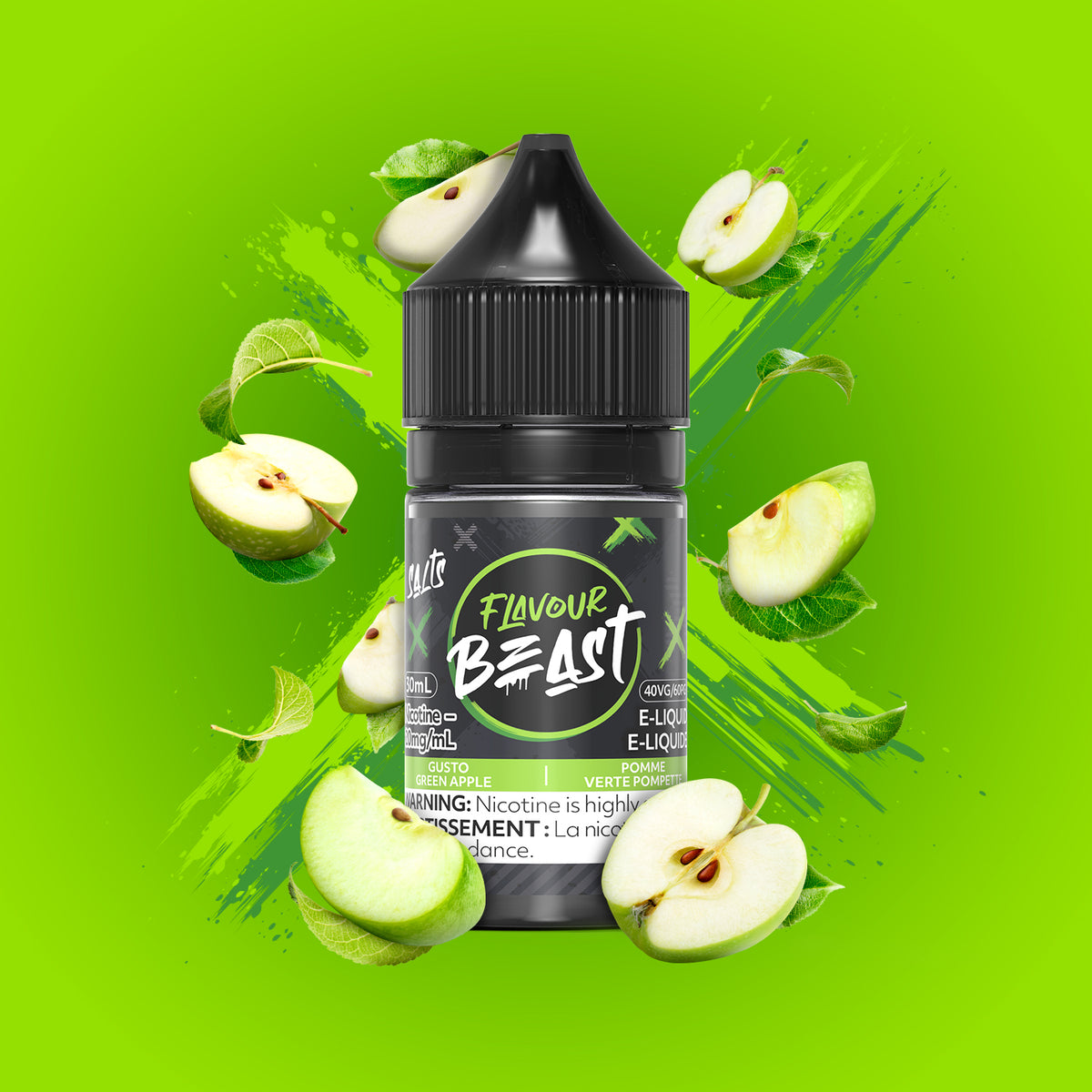 Flavour Beast Gusto Green Apple 3mg 30mL displayed against a vibrant background with green apples, emphasizing its crisp, tart flavor.