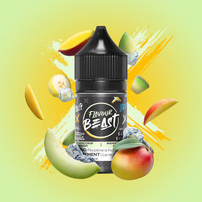 Flavour Beast Hip Honeydew Mango Iced 3mg 30mL displayed against a vibrant tropical background, emphasizing its refreshing, fruity flavor.