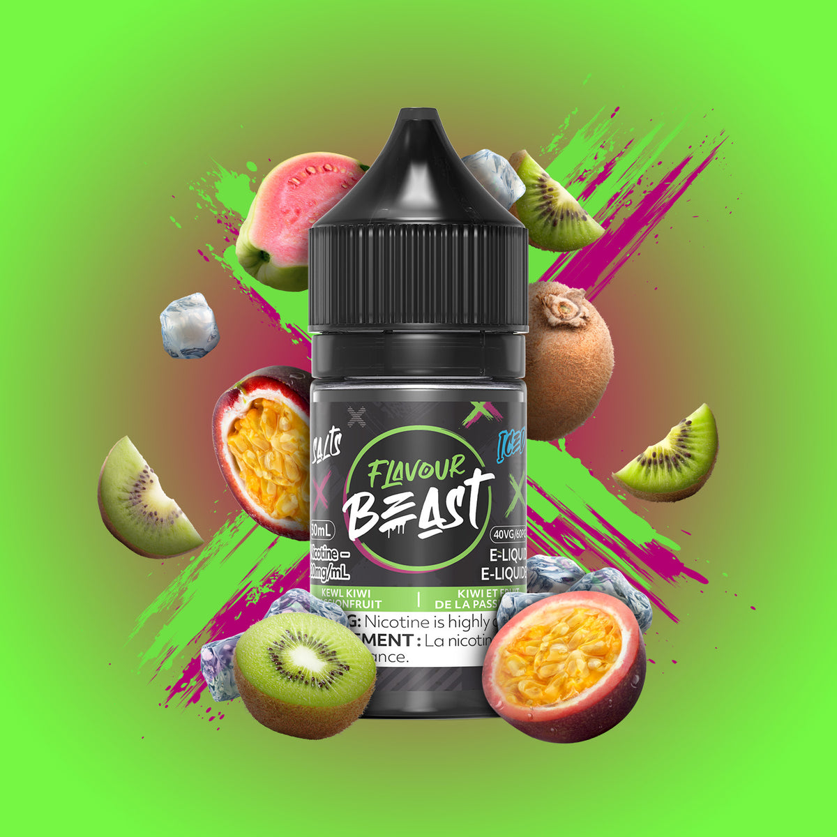 Flavour Beast Kewl Kiwi Passionfruit Iced 3mg 30mL displayed against a vibrant, tropical background, emphasizing its refreshing, fruity flavor.