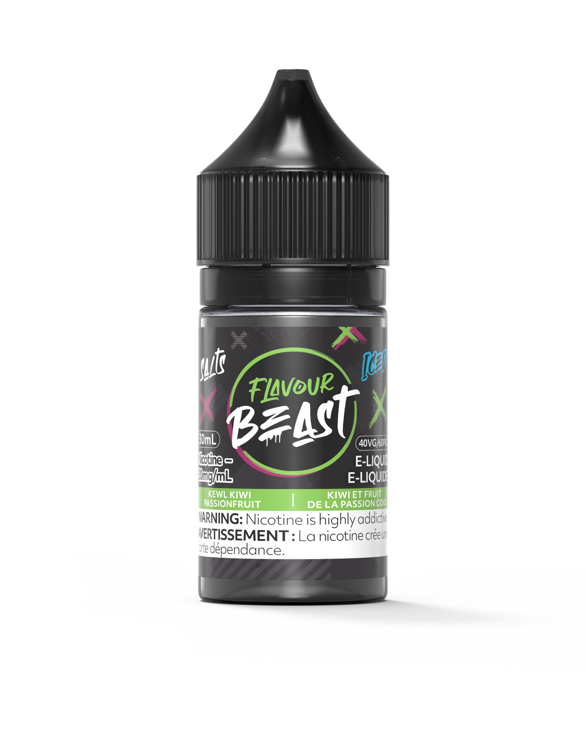 Flavour Beast E-Liquid - Kewl Kiwi Passionfruit Iced 3mg 30mL bottle, showcasing tangy kiwi and tart passionfruit with an icy twist.