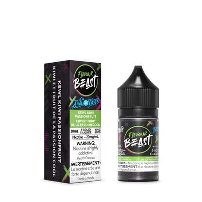 Flavour Beast Kewl Kiwi Passionfruit Iced with fresh kiwi, passionfruit slices, and ice cubes, highlighting its bold, tropical flavor.