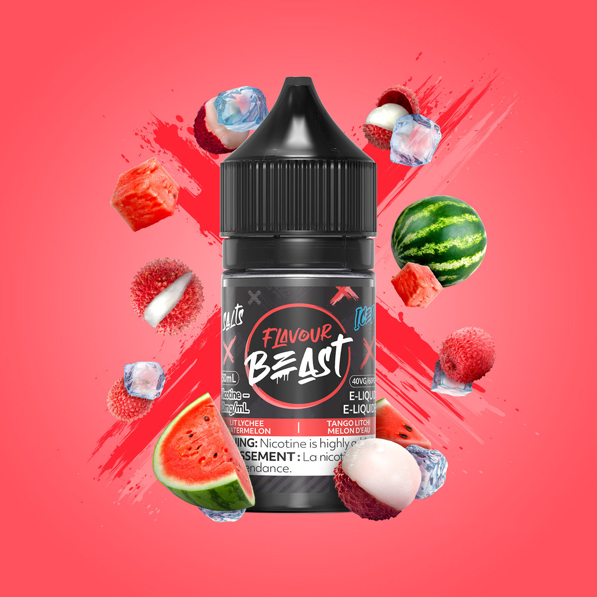 Flavour Beast Lit Lychee Watermelon Iced 3mg 30mL displayed against a tropical background, emphasizing its exotic, juicy, and cool flavor.