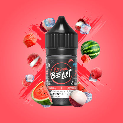 Flavour Beast Lit Lychee Watermelon Iced 3mg 30mL displayed against a tropical background, emphasizing its exotic, juicy, and cool flavor.