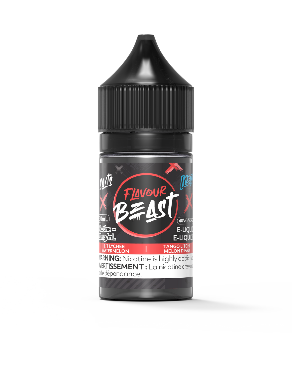 Flavour Beast E-Liquid - Lit Lychee Watermelon Iced 3mg 30mL bottle, showcasing juicy lychee and watermelon flavors with an icy twist.