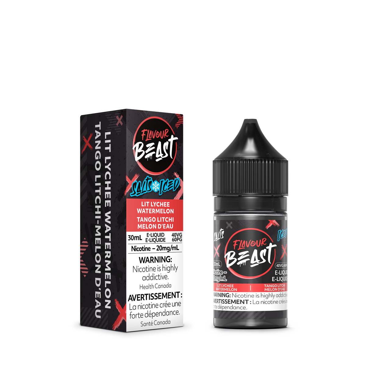 Flavour Beast Lit Lychee Watermelon Iced with fresh lychee, watermelon slices, and ice cubes, highlighting its bold, fruity, and refreshing taste.