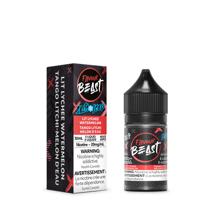 Flavour Beast Lit Lychee Watermelon Iced with fresh lychee, watermelon slices, and ice cubes, highlighting its bold, fruity, and refreshing taste.