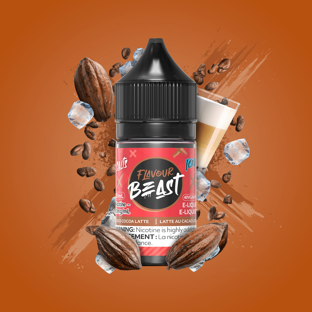 Flavour Beast Loco Cocoa Latte Iced 3mg 30mL displayed against a cozy coffee-themed background, emphasizing its creamy, refreshing flavor.