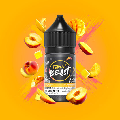 Flavour Beast Mad Mango Peach 3mg 30mL displayed against a vibrant tropical background, emphasizing its juicy, refreshing flavor.