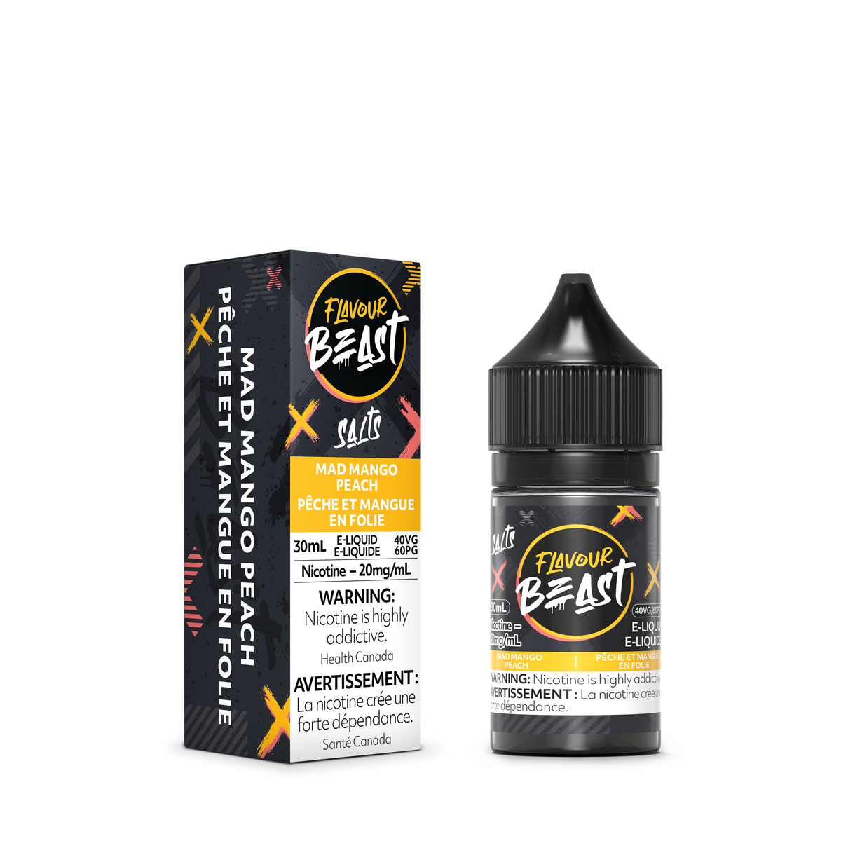 Flavour Beast Mad Mango Peach with fresh mango slices and peaches, highlighting its bold, fruity, and tropical taste.