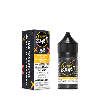 Flavour Beast Mad Mango Peach with fresh mango slices and peaches, highlighting its bold, fruity, and tropical taste.