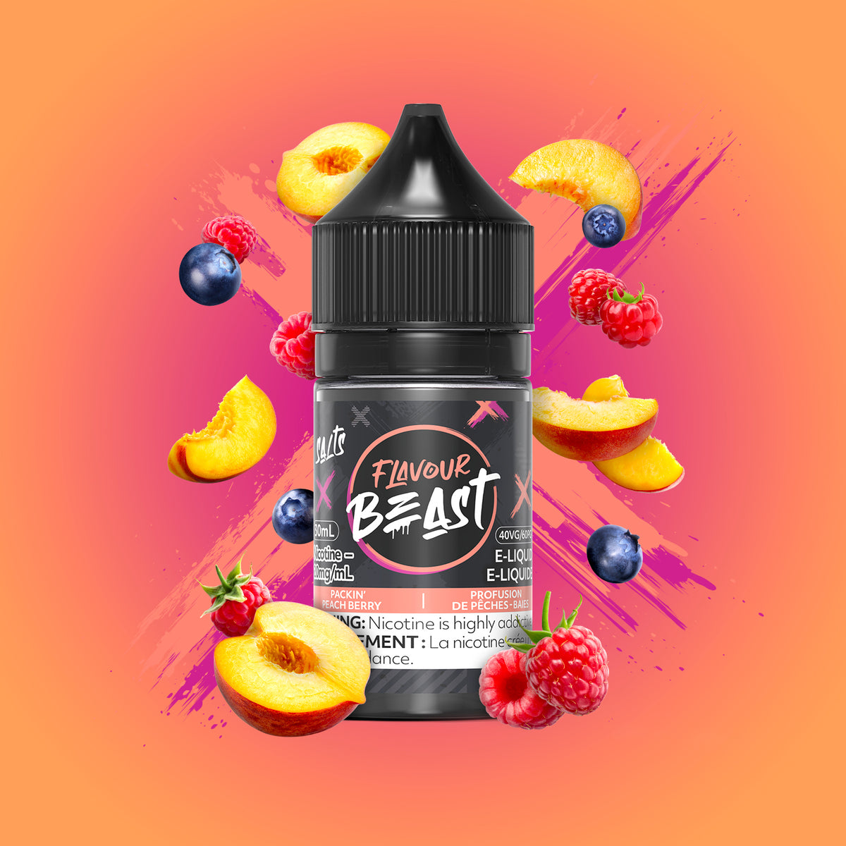 Flavour Beast Packin' Peach Berry 3mg 30mL displayed against a vibrant, fruity background, emphasizing its juicy, fresh flavor.