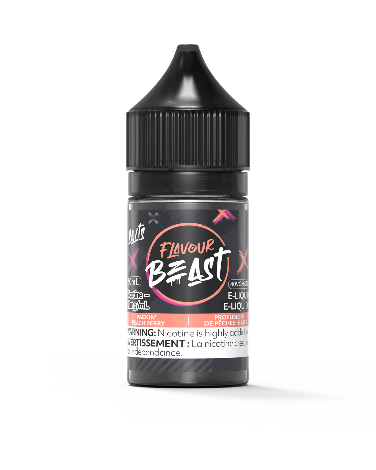 Flavour Beast E-Liquid - Packin' Peach Berry 3mg 30mL bottle, showcasing juicy peach and mixed berry flavors.