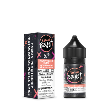 Flavour Beast Packin' Peach Berry with fresh peaches and mixed berries, highlighting its bold, fruity, and refreshing taste.