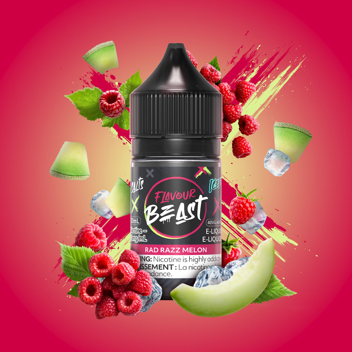 Flavour Beast Rad Razz Melon 3mg 30mL displayed against a vibrant, fruity background, emphasizing its juicy, fresh flavor.