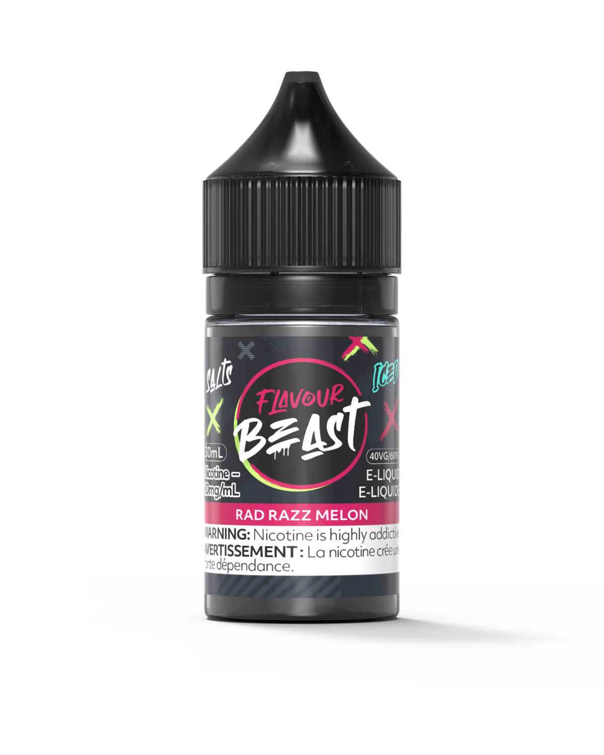 Flavour Beast E-Liquid - Rad Razz Melon 3mg 30mL bottle, showcasing juicy raspberry and bold melon flavors.